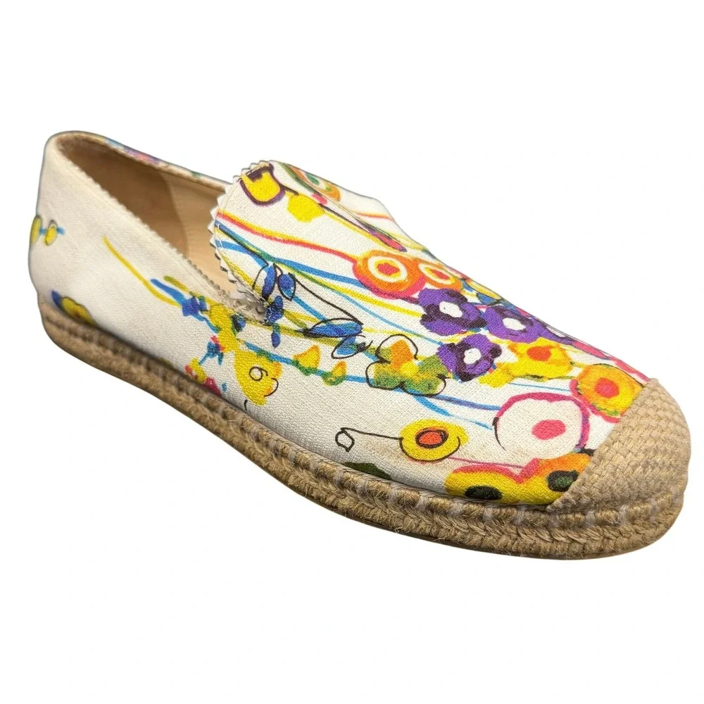 Stuart Weitzman Multicolor Floral Canvas Espadrille Loafers‎ Scalloped Trim Flat